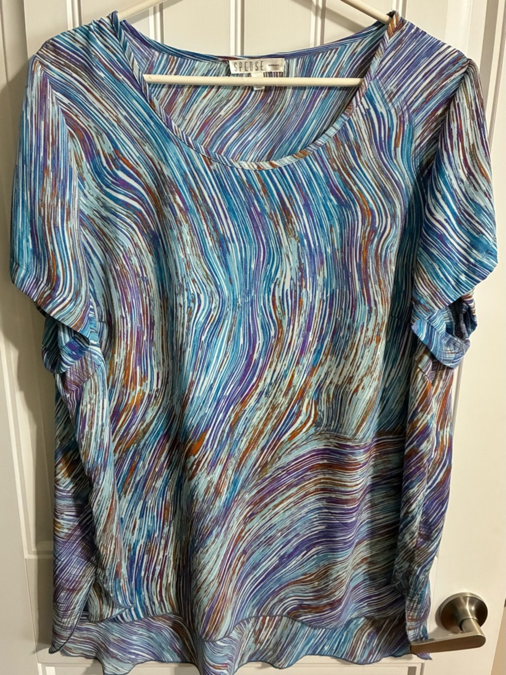 Spense Teal Blue Wave-Print Short Sleeve Blouse